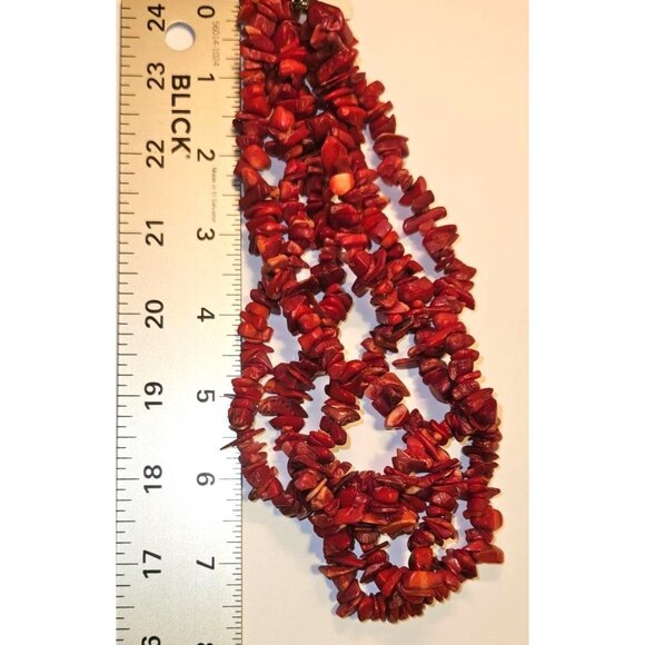 Vintage Necklace Red Coral Chip Beaded Three-Strand Statement 7.5" - Picture 4 of 7